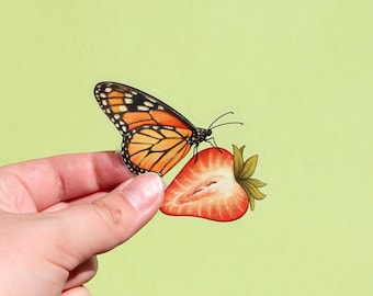 Strawberry Hungry Monarch Butterfly Sticker | 3" x 2.5" | Cute Waterproof, Durable Insect, Garden, Nature Summer Decal for Laptops & More