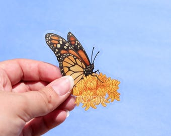 Monarch Butterfly on Orange Milkweed Sticker | 3" x 2.3" | Cute Waterproof, Durable Bug, Insect & Nature Floral Garden Decal for Summer