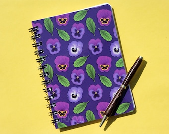 Purple Pansies Spiral Bound Journal | Laminated Purple Mini Notebook with Cute Floral Pattern of Violet Flowers | 5 x 7 inches