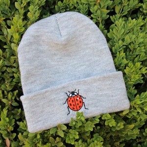 Ladybug Embroidered Cuffed Beanie | Warm, Snug Apparel for Fall & Winter | Orange Beetle Gift for Entomologists and Outdoor, Nature Lovers