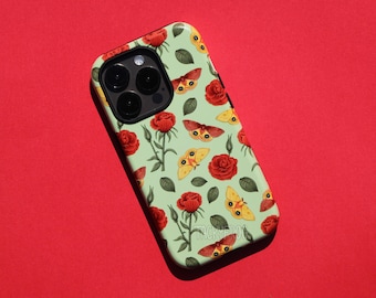 Io Moths and Roses Tough Phone Case for iPhone® & Samsung Galaxy® | Cute Pale Green Nature Pattern Bug and Insect Floral Cellphone Case