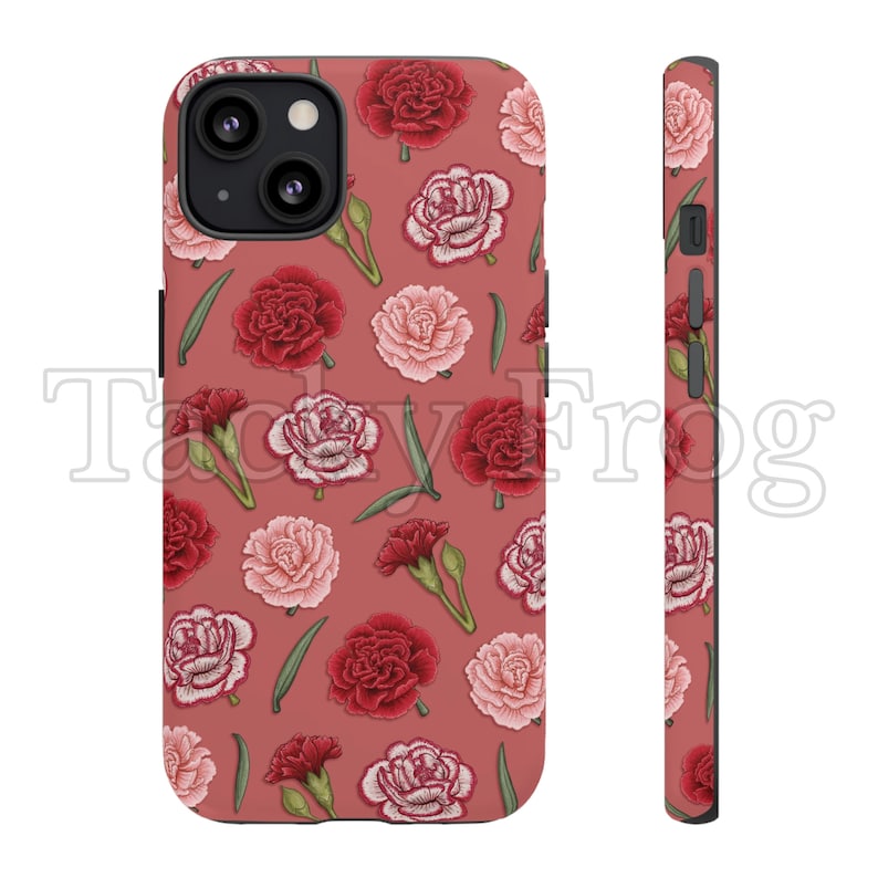 May include: A phone case featuring a repeating pattern of red and pink carnation flowers and green leaves on a terracotta background. The case is shown from the front and side, with the text "Tacy Frog" partially visible.