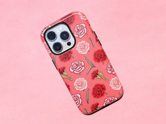 Carnations Dual Layer Phone Case with January Birth Flower, Red & Pink Florals