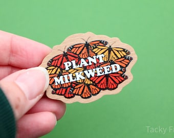 Plant Milkweed Wooden Pin w/ Rubber Clutch | 2 inches wide | Cute Monarch Butterfly Environmental Pin for Bug, Insect, & Nature Lovers