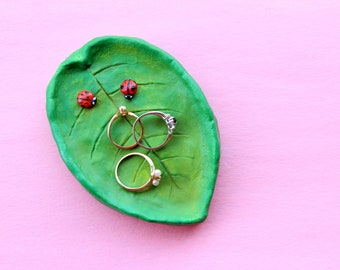 Handmade Clay Ladybug Leaf Trinket Tray, Ring Dish | Homemade, Hand-Painted Jewelry Storage Made of Air Dry Clay | Nature Theme Insect Decor