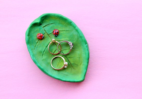 Handmade Clay Ladybug Leaf Trinket Tray, Ring Dish | Homemade