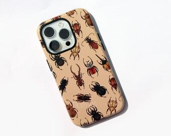 Beetle Pattern Tough Phone Case for iPhone® & Samsung Galaxy® | Nature Themed Light Brown Bug, Insect Summer Cellphone Case in Earthy Tones