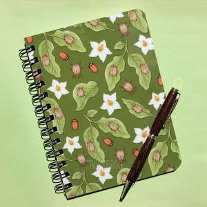 Potato Beetles Spiral Bound Journal | Laminated Mini Green Notebook with Garden Pattern of Bugs, Insects, Vegetation & Flowers | 5 x 7 inch