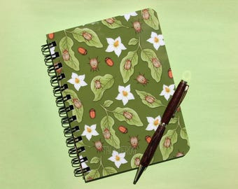 Potato Beetles Spiral Bound Journal | Laminated Mini Green Notebook with Garden Pattern of Bugs, Insects, Vegetation & Flowers | 5 x 7 inch