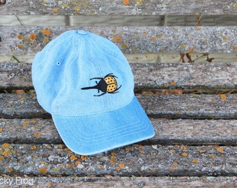 Hercules Beetle Embroidered Denim Baseball Cap, Dad Hat | Cute, Colorful Outdoor Summer 100% Cotton Apparel with Embroidered Bug, Insect Art