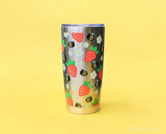 Strawberries and Bees 20oz Metal Tumbler | Colorful Fruit Pattern Stainless Steel Water Bottle w/ Sliding Lid | Read Second Image!