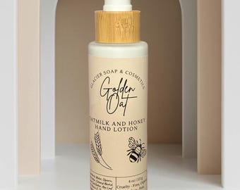 Golden Oat Hand Lotion | Honey & Oatmeal Scent | 4 oz Glass Jar with Pump | Nourishing and Gentle Skincare | Handmade Moisturizer