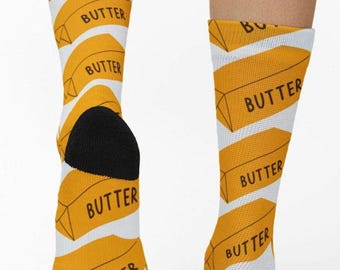 Butter Stick Pattern Socks | Novelty Food Print, Yellow Butter Blocks