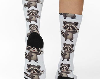Coffee Drinking Raccoon Socks, Funny Tea Gift for Animal Lover, Novelty Trash Panda Footwear, Cute Wildlife Apparel, Unique Cozy Foot