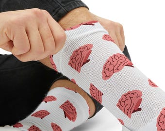Pink Brain Pattern Cushioned Crew Socks,  Funny Brainiac Gifts, Neurologist Cranium Socks