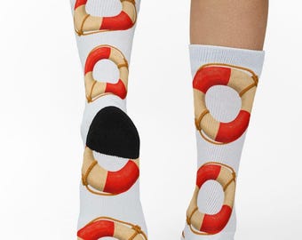 Lifebuoy Pattern Socks, Nautical Life Ring Beach Crew Socks, Lifeguard Socks