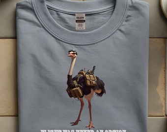 Armed Ostrich Illustration T-Shirt | Funny Tactical Bird Tee, Flight Was Never An Option