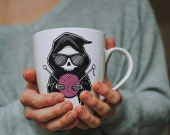 Crocheting Grim Reaper Halloween Ceramic Mug, Funny Halloween Gift, Spooky Seamstrss Coffee Cup, Creepy Tea Mug, Unique Halloween Decor