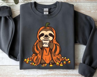 Sloth in Pumpkin Costume PSL Crewneck Sweatshirt, Autumn Coffee Cute Fall, Summerween Sloth