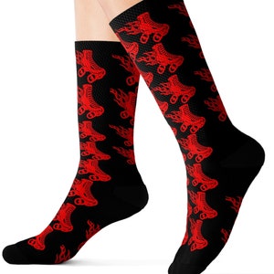 Roller Skating Fun Socks, Red Flaming Derby Socks, Roller Skater Gift, Unique Socks, Fun Accessories, Roller Derby Gear, Roller