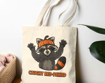 Caught Red-Pawed Raccoon Tote Bag, Cute Halloween Pumpkin Raccoon
