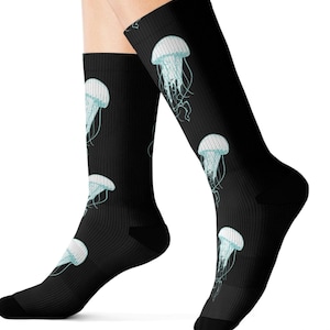Jellyfish Black Socks, Ocean Theme Footwear, Sea Creature Print Stockings, Unique Underwater Design Socks, Beach Lover Gift, Marine Fans