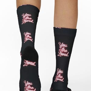 You Are Loved Wrapped Socks, Black Pink Script Pattern | Crew Socks, Gift for Her, Unique Design, Comfortable Wear, Statement Socks,