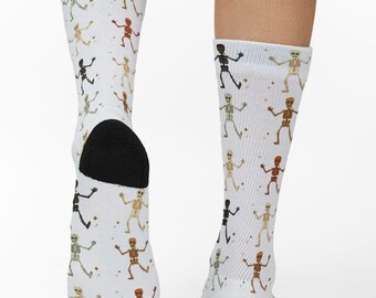 Dancing Skeletons Socks, Halloween Skeleton Pattern Crew Socks