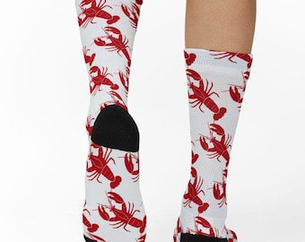 Red Lobster Pattern Socks, Seafood Crab Nautical Crew Socks