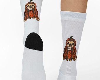 Sloth Pumpkin Spice Latte Halloween Fall Socks, Cute Autumn Cozy Crew Socks