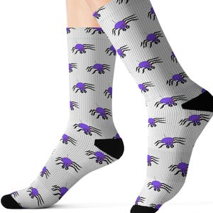 Halloween Spider Socks, Creepy Fun Trick or Treat Spooky Socks for Adults, Novelty Costume Party Footwear, Cute Scary Purple Arachnid