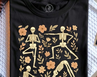 Dancing Skeletons Floral Tee T-Shirt, Yoga Pose Skeleton, Fall Yoga Top