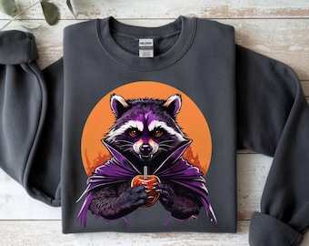 Vampire Raccoon Holding Candy Apple Sweatshirt, Halloween Goth Raccoon