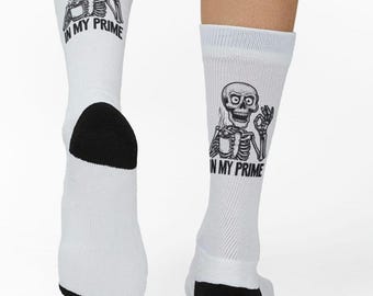 Skeleton 'In My Prime' Socks, Old Skeleton Funny Crew Socks, Coworker Retirement Gifts