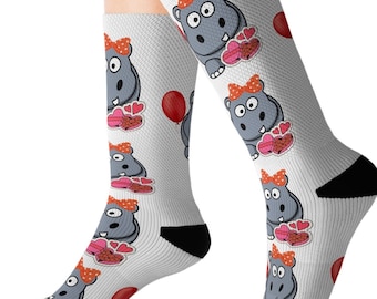 Chocolate Socks, Women's Cute Socks, Lady Hippo Socks, Love Socks, Valentine's Day Gifts, Hippo Socks, House Socks, Holiday Socks, Balloons