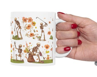 Skeleton Golfers Mug | Floral Vintage Skeletons Playing Golf Ceramic Mug