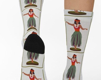 Hula Girl Pattern Socks, Tropical Hawaiian Dance Crew Socks