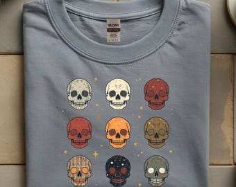 Colorful Skull Grid T-Shirt, Day of the Dead Inspired Skull Pattern, Whimsical Boho Halloween Tee