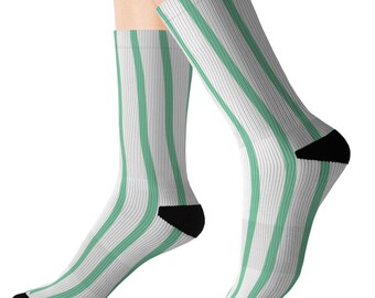 Mint and White Vertical Stripe Socks, Pinstripes Crew Socks