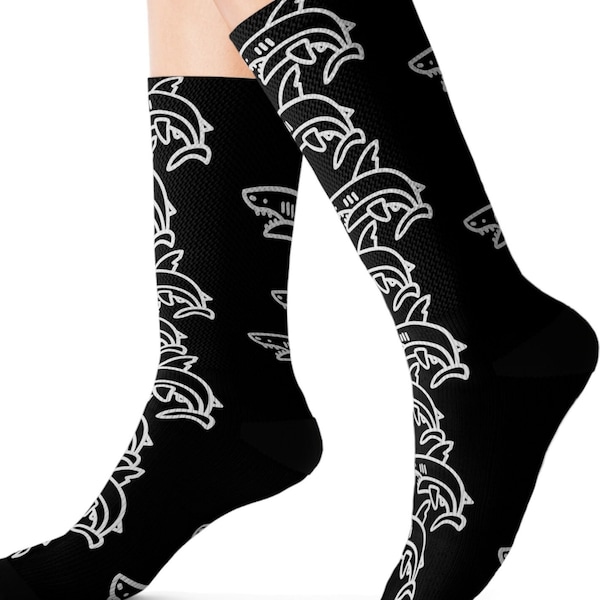 Shark Socks, Sharktastic Footwear, Shark Bite Crew Socks, Great White, Mako Ocean Life Socks, Black and White Predators Socks, Sharkey Feet