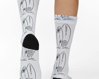 Minimal Surfboard Pattern Socks, Beach Surfer Crew Socks, Hawaiian Gifts