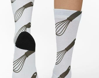 Whisk Pattern Socks, Baking Kitchen Chef Novelty Crew Socks