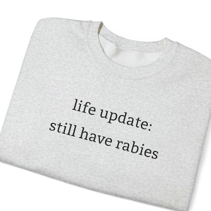 Puede incluir: Una sudadera gris con el texto "life update: still have rabies" impreso en la parte delantera.