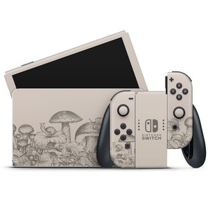 May include: A beige Nintendo Switch console and matching Joy-Con controller with a mushroom and snail design. The console has the text "NINTENDO SWITCH" printed on it.
