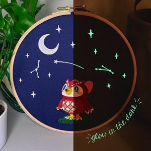 Animal Crossing Gift Celeste GLOW in the dark Animal Crossing Fan Art Embroidered Frame Wall Display / Hanging image 1