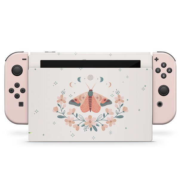 Nintendo Switch Skin Wrap Premium 3M Vinyl Pastel Pink Off White Moth Boho