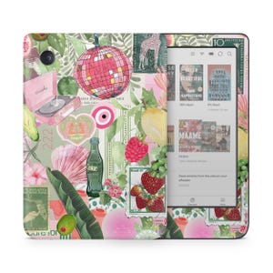 May include: A pink and green patterned Kindle Paperwhite e-reader with a collage of images including a disco ball, a record player, a Coca-Cola bottle, a strawberry, and a giraffe. The screen displays a list of books and articles.