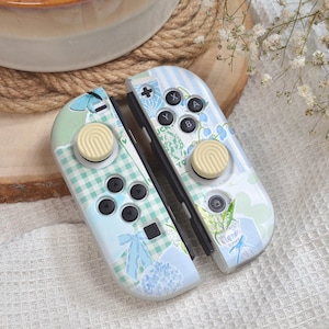 Könnte beinhalten: Ein Paar pastellfarbene Gamecontroller mit floralem und Vichy-Muster. Die Controller haben ein hellblaues, grünes und weißes Farbschema mit schwarzen Knöpfen und cremefarbenen Joysticks. Das Design umfasst einen Schmetterling, Schleifen und florale Elemente.