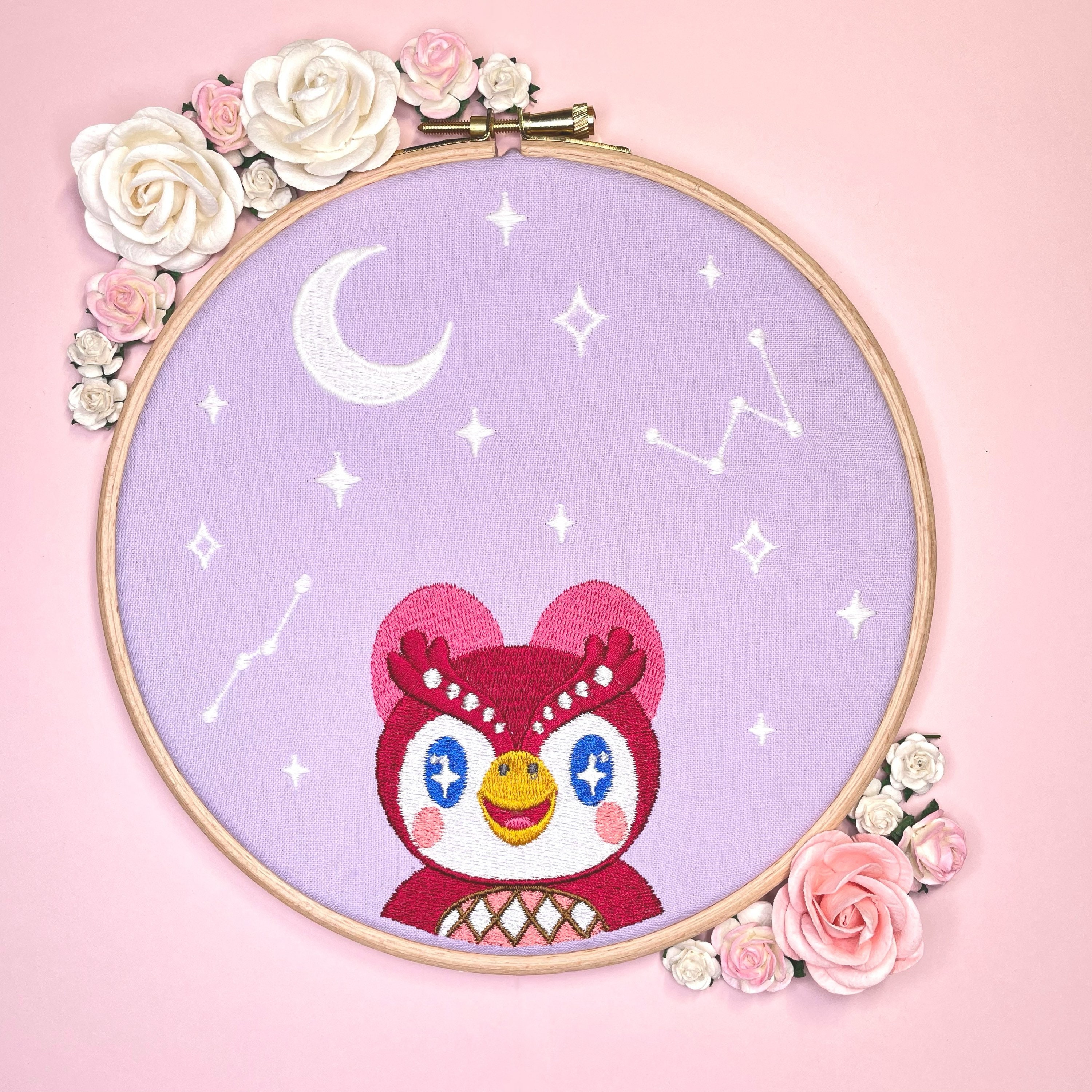 GLOW in the dark Celeste Lilac Pastel - Animal Crossing - Fan Art - Embroidered Frame Wall Display / Hanging