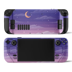 Puede incluir: Un cielo nocturno pixelado morado y rosa con una luna creciente y estrellas. La imagen muestra una piel personalizada para un dispositivo de juego portátil.